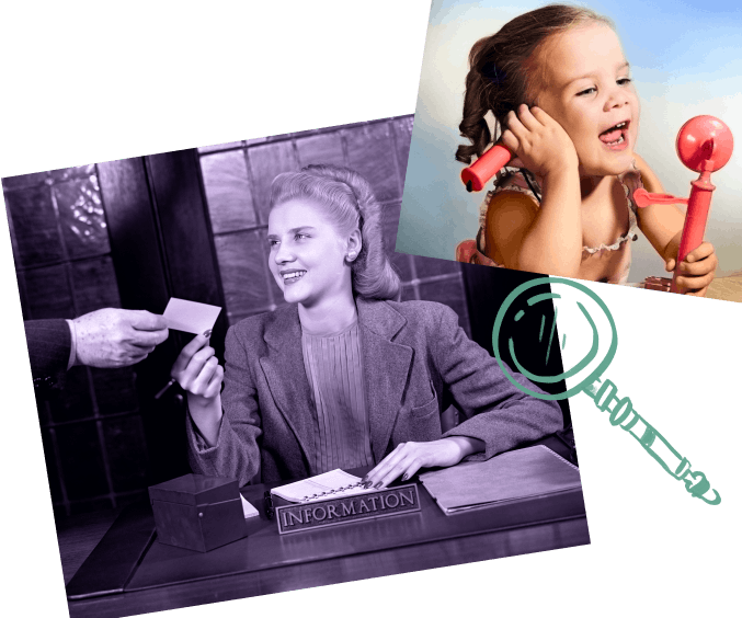 A black-and-white photograph of a woman working at an information desk, and a bright photograph of a young girl playing with a toy telephone